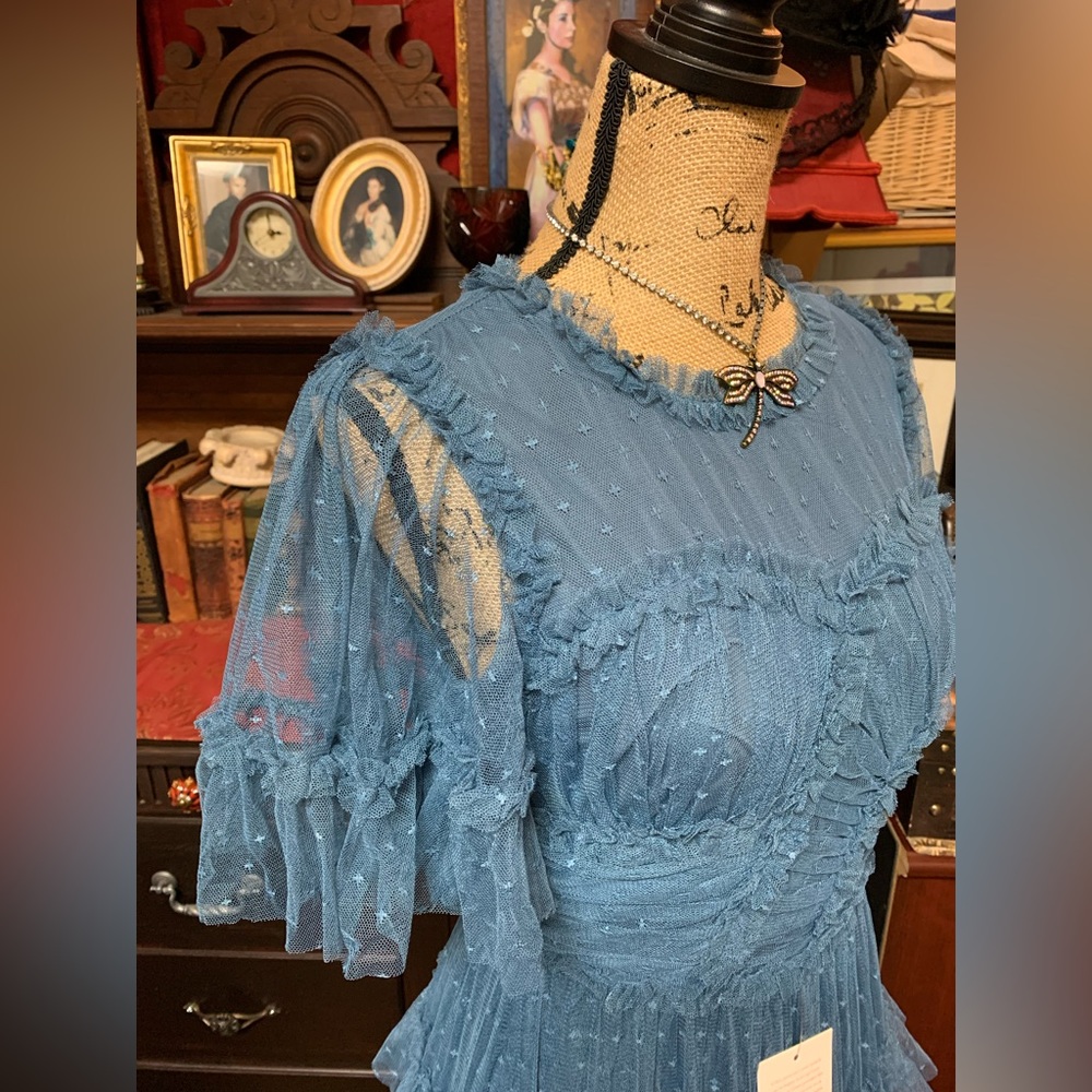NWT Ivy City Co Whimsical Dress (maxi-length) in Slate Blue, Size SMALL.